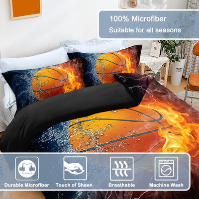 Water and Fire Basketball Duvet Cover Set: Enhance Your Bedroom with Sporty Style (1*Duvet Cover + 2*Pillowcases, Without Core)