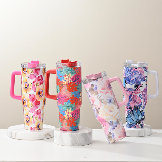 40oz Floral Pattern Tumbler With Lid And Straw, Stainless Steel Thermal Water Bottle With Handle, The Perfect Gift for Any Occasion