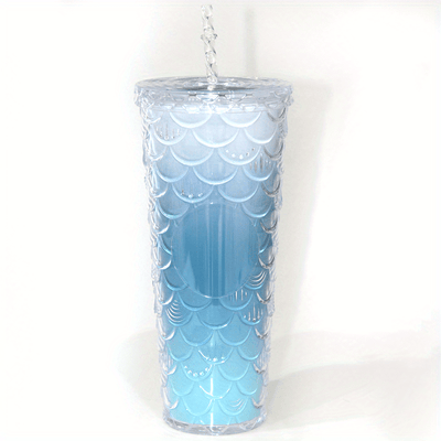 1pc Glossy Fish Scale Pattern Tumbler With Lid And Straw, Double Walled Plastic Water Bottle, Summer Winter Drinkware, Travel Accessories