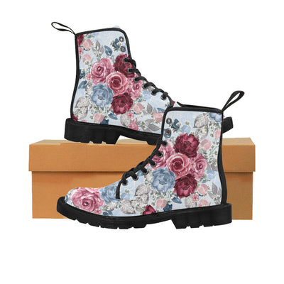 Burgundy Floral Boots, Flower Martin Boots for Women
