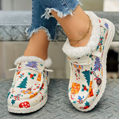 Festive Comfort: Women's Christmas Print Canvas Shoes - Plush Lined Sneakers for Casual Style