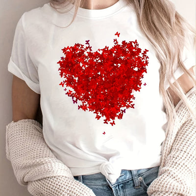 Fluttering Love: Butterfly Heart Print Crew Neck T-Shirt - A must-have for Spring/Summer Women's Casual Wear