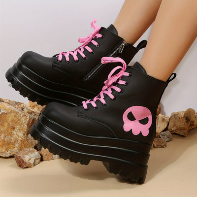 Step Out in Style: Women's Ghost-Face Print Combat Boots – Trendy Platform Boots for a Fashion-Forward Look!