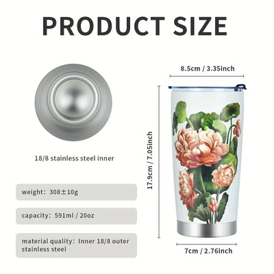 20oz Lotus Stainless Steel Car Cup: Stylish 3D Printing Pattern, Vacuum Insulation, with Straw and Lid