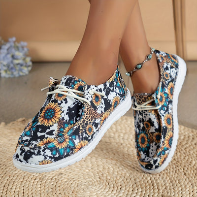 Stylish and Comfortable Leopard & Sunflower Pattern Print Canvas Shoes for Women - Lightweight Lace Up Flats with Slip-On Design