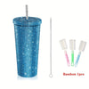 500ml/16.9oz Rhinestone Design Double Stainless Steel Thermal Bottle and Straw - Portable Tumbler Cup for Coffee and Water