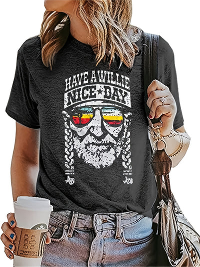 Vintage 'Have a Willie Nice Day' Letter Print Crew Neck T-Shirt, Casual Every Day Tops, Women's Clothing