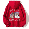 Feline Frenzy: Books & Cats Print Hoodie - Stay Cozy and Stylish this Winter/Fall with this Casual Hooded Sweatshirt for Women