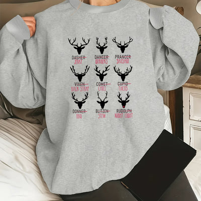 Stylish Plus Size Casual Sweatshirt: Women's Plus Deer Letter Print Long Sleeve Round Neck Pullover Top