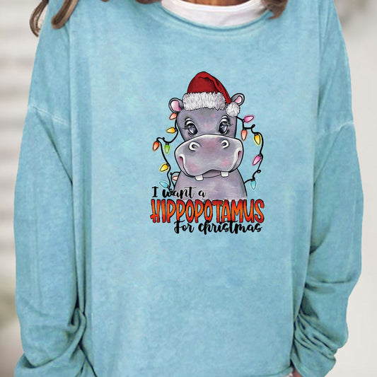 Festive Holiday Hippopotamus Sweatshirt - Women's Casual Crew Neck Long Sleeve Print Sweatshirt