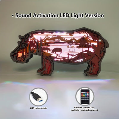Enchanting Illuminated Hippo: Exquisite 3D Wooden Art Carving for Home Décor and Memorable Holiday Gift
