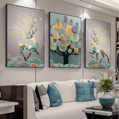 Gilded Prosperity: Frameless Abstract Chinese Feng Shui Golden Rich Tree Wall Art Canvas Painting for Living Room Décor