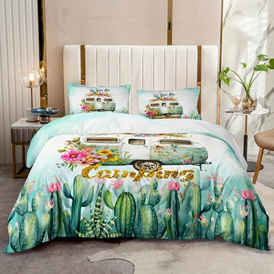 Fresh and Stylish: 3PCS Fashion Duvet Cover Set with Cactus, Flower, Car Prints - Perfect for Bedroom or Guest Room Décor