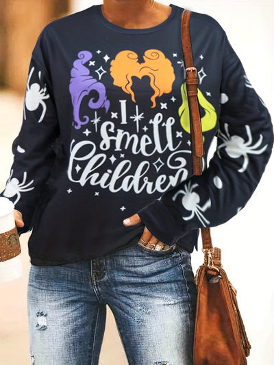 Halloween Color Graphic Art Print Sweatshirt, Casual Crew Neck Long Sleeve Sweatshirt, Women's Clothing