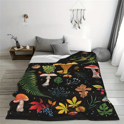 Leaf & Mushroom Themed Blanket - Snuggle Up with a Soft and Cozy - Perfect for Bedroom and Living Room!