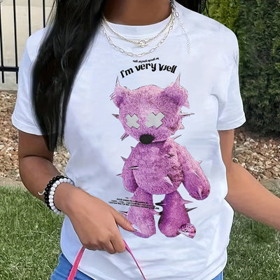 Bear Cartoon Print Crew Neck T-Shirt, Casual Short Sleeve T-Shirt For Spring & Summer, Women's Clothing