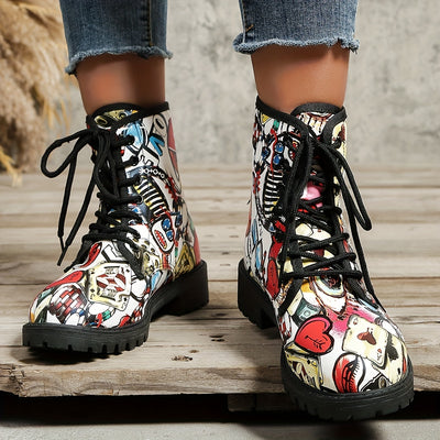 Graffiti-Print Platform Boots: Bold and Versatile Women's Lace-up Ankle Boots