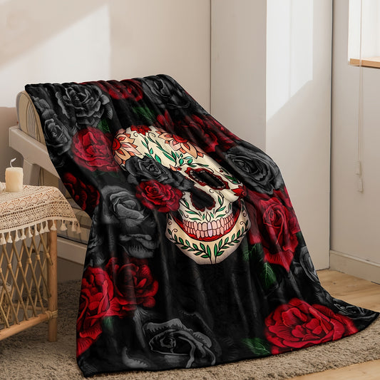 Rose Skull Pattern Flannel Blanket - Soft and Warm for Sofa, Office, Bed, and Travel