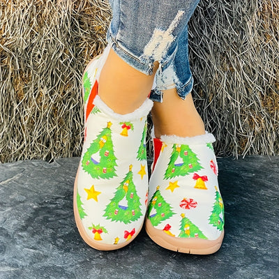 Festive Feet: Women's Winter Warm Slip-On Christmas Tree Bell Pattern Sneakers