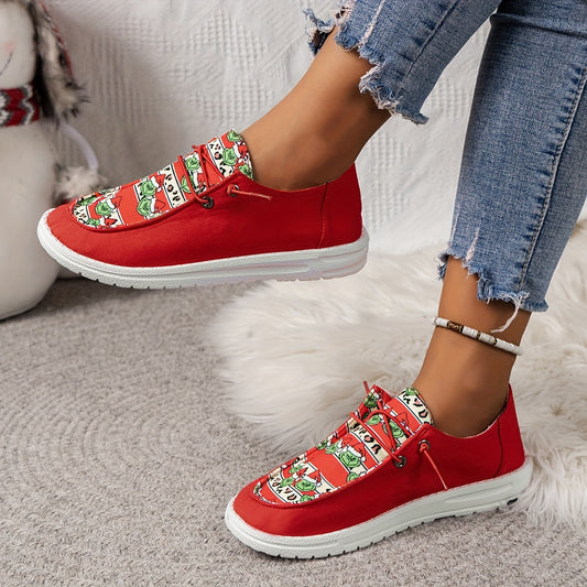 Cute and Festive Women's Cartoon Grinch Pattern Loafers: Slip-On, Comfy, Lightweight Canvas Shoes for Christmas
