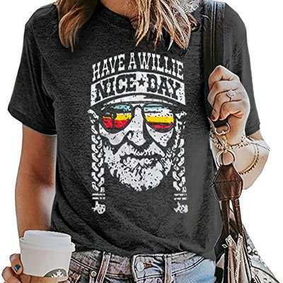 Vintage 'Have a Willie Nice Day' Letter Print Crew Neck T-Shirt, Casual Every Day Tops, Women's Clothing