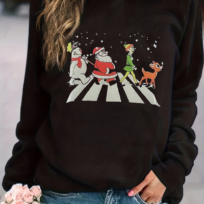 Festive Joy: Christmas Cartoon Print Pullover Sweatshirt for Women - Stay Cozy and Stylish this Fall-Winter Season!