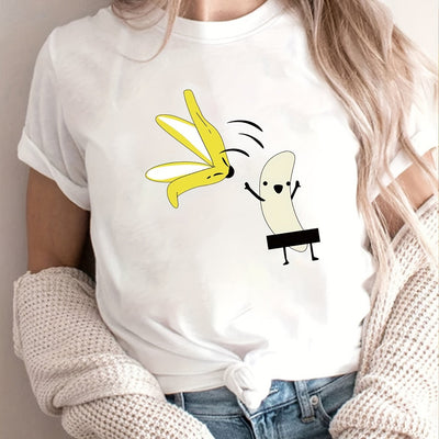 Funny Cartoon Banana Print Crew Neck T-Shirt, Casual Short Sleeve Top For Spring & Summer, Women's Clothing