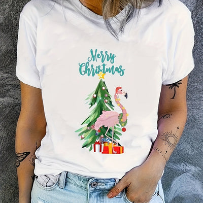 Festive Flamingo Delight: Christmas Tree Print T-Shirt for Women, Casual Crew Neck Short Sleeve Top