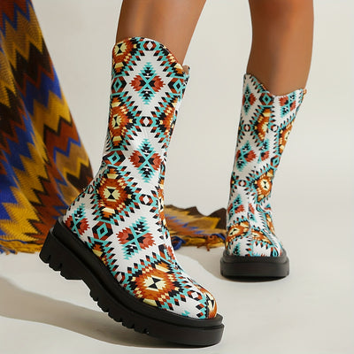 Our Women's Trendy Geometric Print Slip-On Platform Boots are made of high-quality material for superior comfort and durability. These colorful and comfortable mid-calf shoes feature a geometric print, slip-on design, and a platform sole for extra height. Feel stylish and comfortable all day long.
