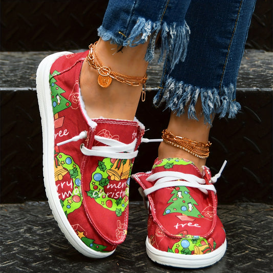 Christmas Spirit: Women's Festive Tree Print Canvas Shoes - Casual Slip-On Sneakers for a Stylish and Comfortable Holiday Look