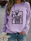 Halloween Skull Drink Graphic Print Sweatshirt, Casual Long Sleeve Crew Neck Sweatshirt, Women's Clothing