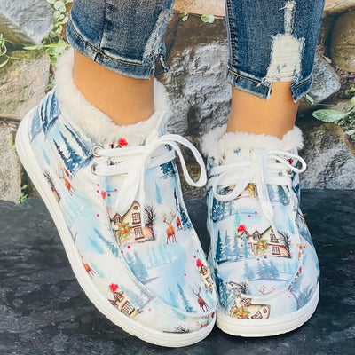 Warm and Cozy: Women's Cute Cartoon Print Snow Shoes with Non-Slip Sole for a Festive Christmas Season