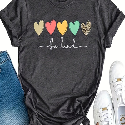 Cute Heart and Be Kind Print Graphic T-Shirt, Casual Every Day Tops, Women's Clothing