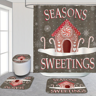 Merry Christmas Bathroom Bliss: Complete 4-Piece Shower Curtain Set with Rugs and Accessories - Festive Holiday Decor for a Joyful Bathing Experience!