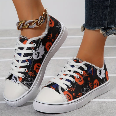 Halloween Ghost and Pumpkin Pattern Women's Canvas Shoes - Lightweight, Comfortable, and Stylish