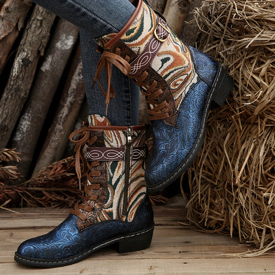 Step Out in Style with Women's Floral Pattern Colorblock Boots: Trendy Side Zipper Platform Chelsea Boots for a Chic Dress Boot Look