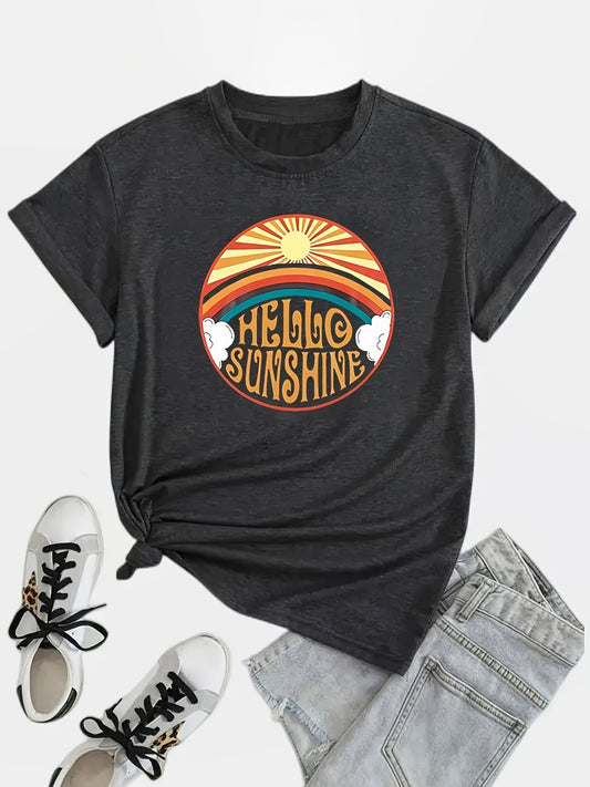 This Sunshine Print Crew Neck T-Shirt is the perfect top for Spring and Summer. It features a lightweight, breathable cotton construction and a stylish crew neckline. The vibrant sunshine print will add a touch of personality and style to any outfit. Enjoy a comfortable and stylish look in any season.