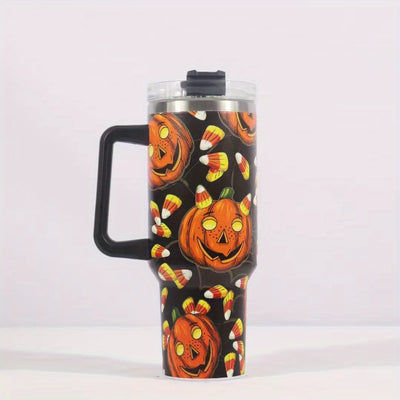 40oz Halloween with Scary Pumpkin Tumbler, Straw & Handle - Perfect for Car, Home & Office Use - Birthday Gift Idea!