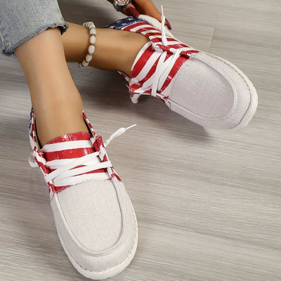 Trendy Star & US Flag Pattern Women's Canvas Shoes - Non-Slip Lace Up Flat Sneakers with Comfortable Loafers