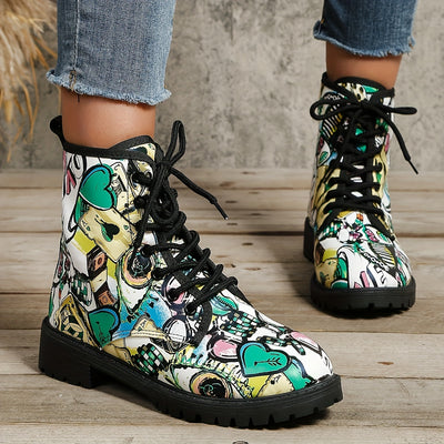 Women's Urban Chic Lace-Up Platform Ankle Boots: A Graffiti-Inspired Fashion Statement for the Trendy Outdoors