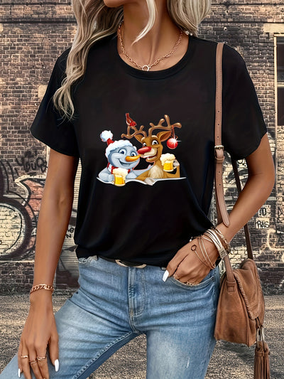 Festive Christmas Graphic Pattern T-Shirt: Effortlessly Stylish Casual Short Sleeve Tee for Women's Spring/Summer Wardrobe