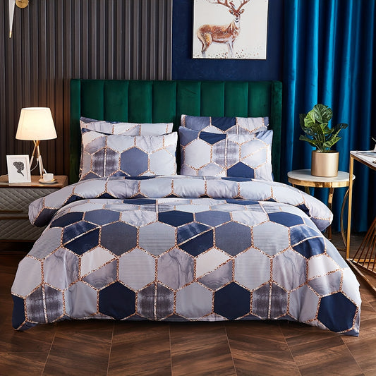 This 3-piece marbleized bedding set offers a luxurious touch to your bedroom. The soft and breathable fabric provides comfortable sleep, while its stylish pattern and elegant colors blend perfectly with any bedroom decor. The duvet cover and pillowcases are wrinkle-free and easy to maintain, with no cores included. Enjoy a relaxing sleep with ultimate comfort.