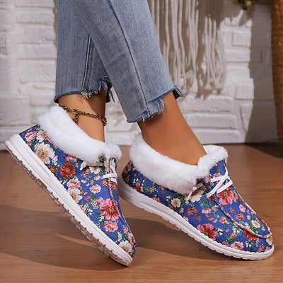 Women's Floral Print Plush Canvas Winter Snow Shoes: Cozy, Stylish, and Warm!