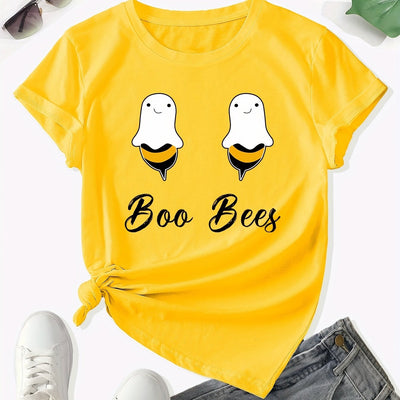 Buzzworthy Spring & Summer: Cartoon Funny Bee Print Crew Neck T-Shirt - Cute & Stylish Women's Clothing