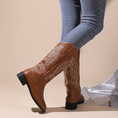 Stylish Western Vibes: Women's Embroidered Chunky Heel Boots - Fashionable Square Toe Cowboy Boots for Comfort and Style