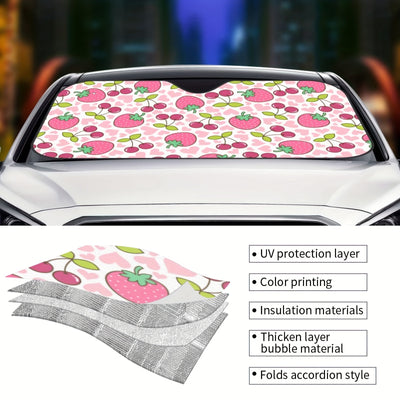 Strawberry Dreams: Foldable Strawberry Print Car Windshield Sunshade for Ultimate Sun Protection