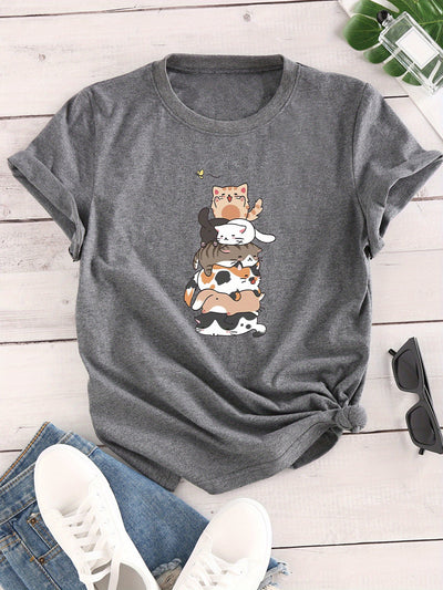 Stylish and Casual: Women's Cat Print Crew Neck T-Shirt - A Must-Have for Spring/Summer Fashion!