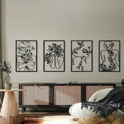 Minimalist Abstract Woman Wall Art: Stylish 4pcs Metal Art Line Drawings for Chic Home Décor