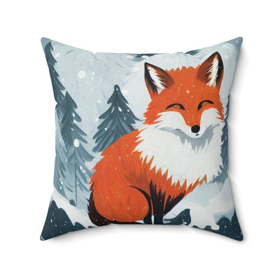 Fox In Christmas, Fox Under Snow, Trees And Snowy, Cartoon Wood, Spun Polyester Square Pillow