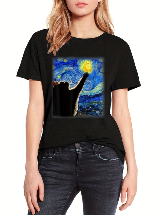 Adopt a fresh look this season with this Cat Starry Night Painting Pattern T-Shirt. This 100% cotton crew neck top features a unique design with a vibrant blue and white combination that epitomizes summer fashion. Perfect for a casual day out.